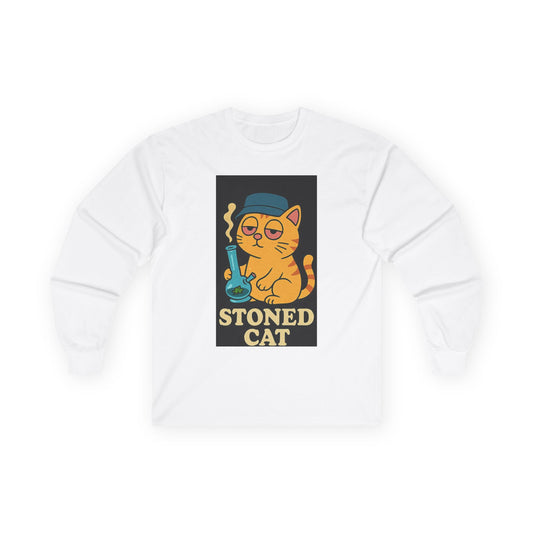 Stoned Cat Long Sleeve Tee, Funny Cat Shirt, Unisex Cotton Tee, Gift for Cat Lovers, Weed Humor Apparel, Cool Casual Wear